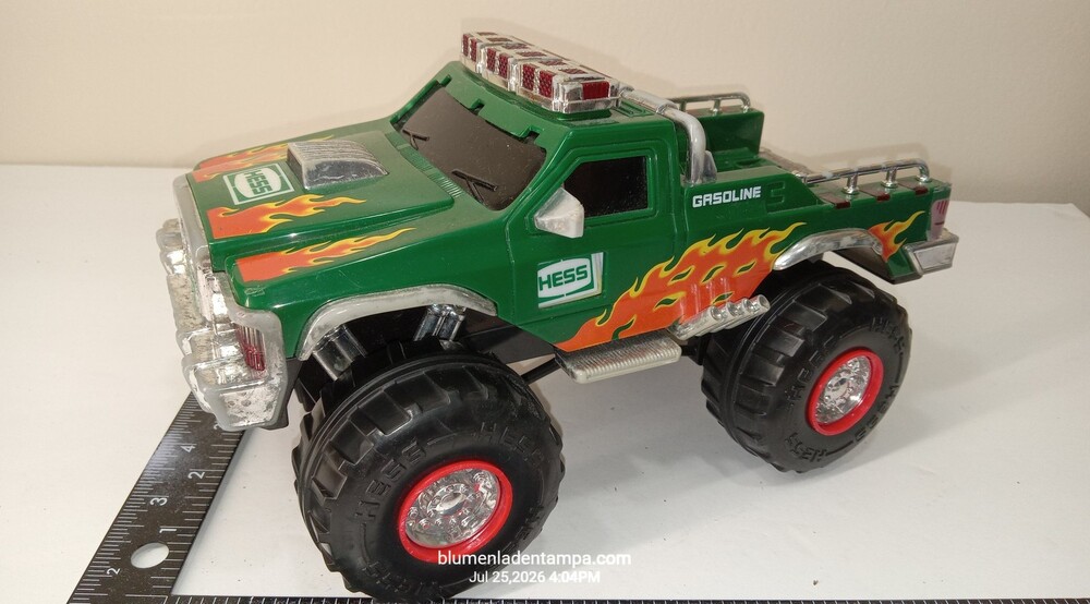 2007 Hess Monster Truck Green Toy Pick Up Truck Flames Vintage